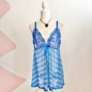 Blue Sheer Sequin Babydoll Slip‎ Top Y2K 2000s Glam Fairycore Fairy Grunge Large